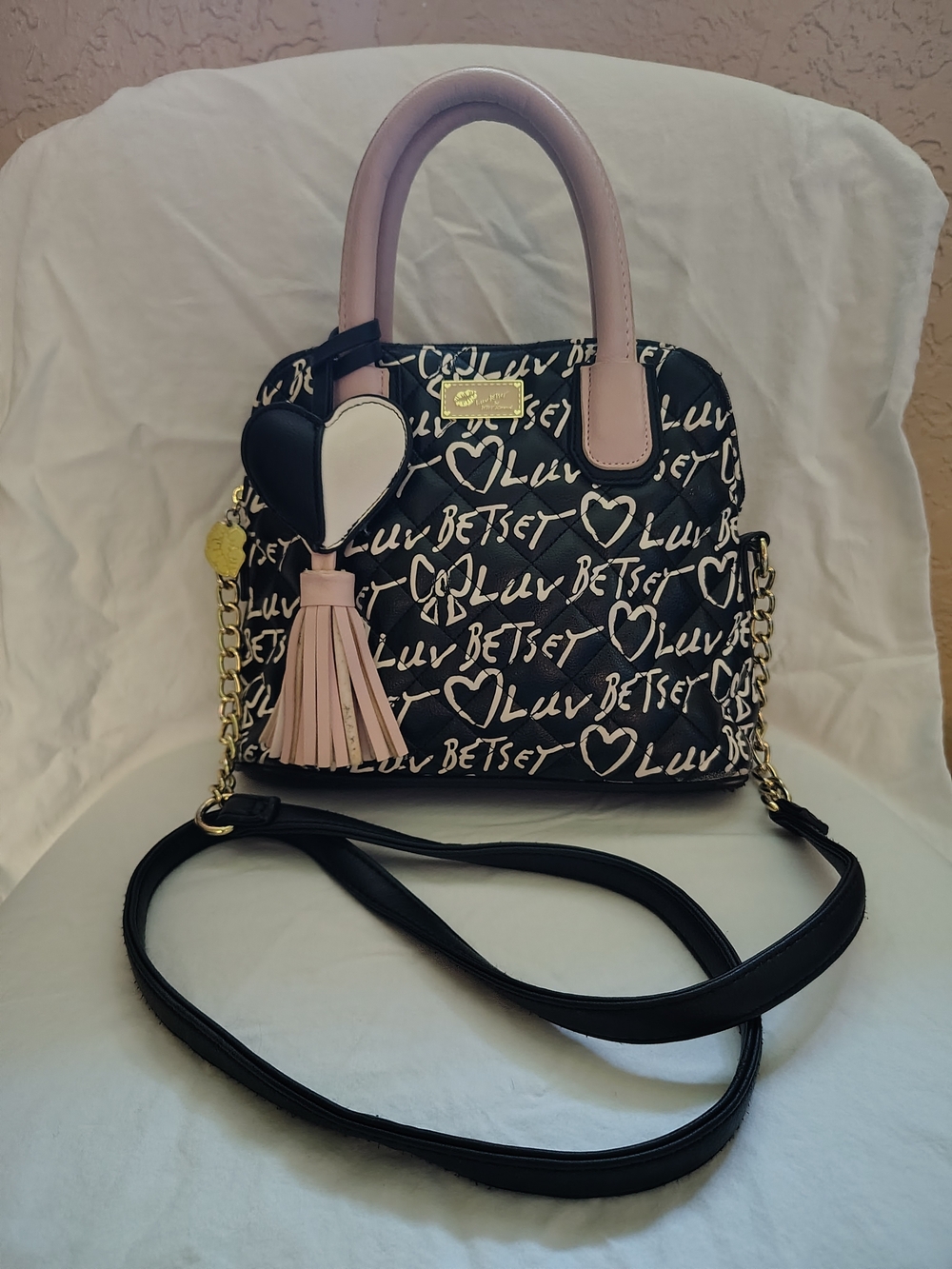 Betsey Johnson Black & Pink Heart-Print Dome Satchel